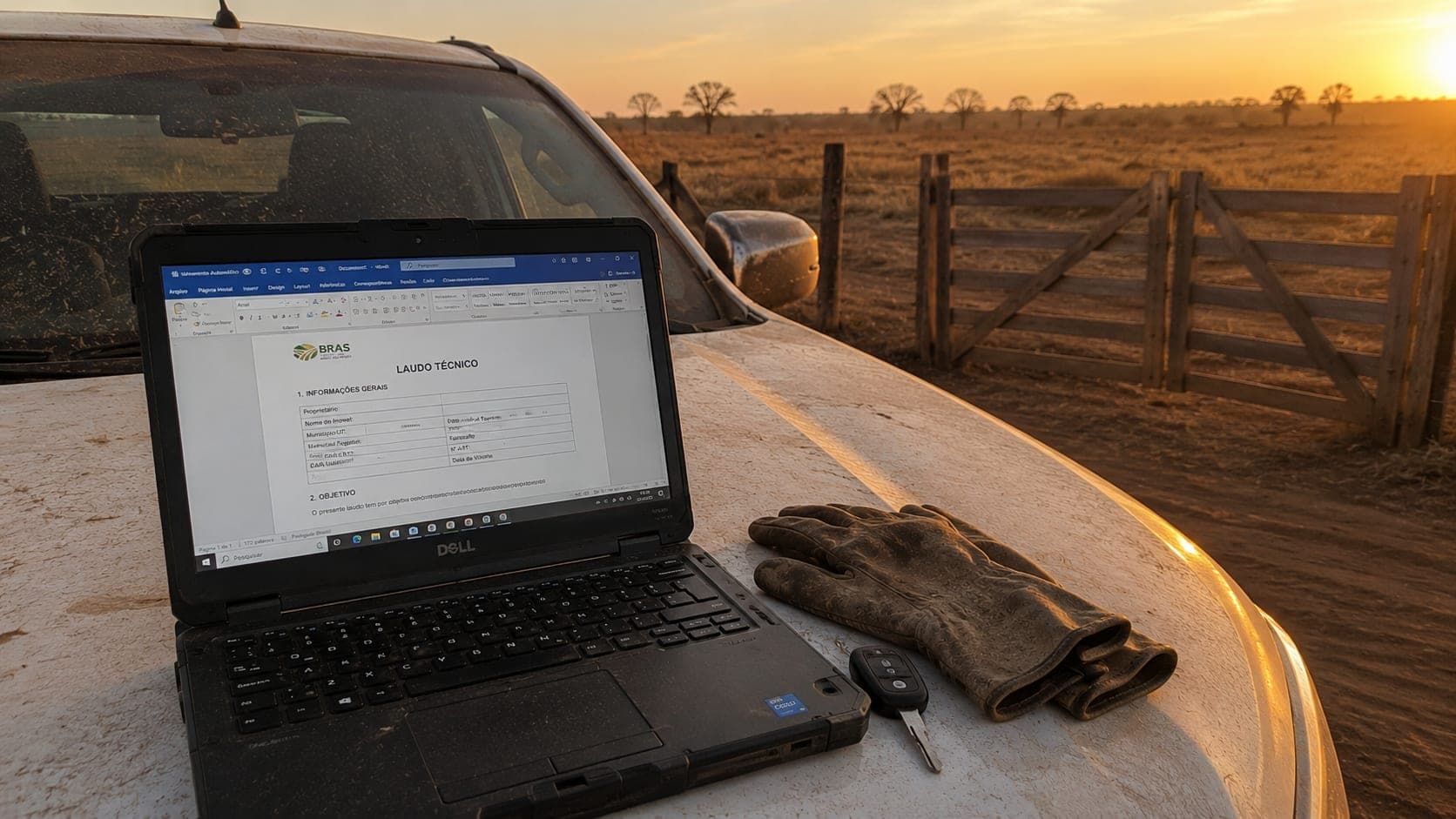 Laudo técnico da BRAS Docs Rural sendo finalizado em campo, ao pôr do sol